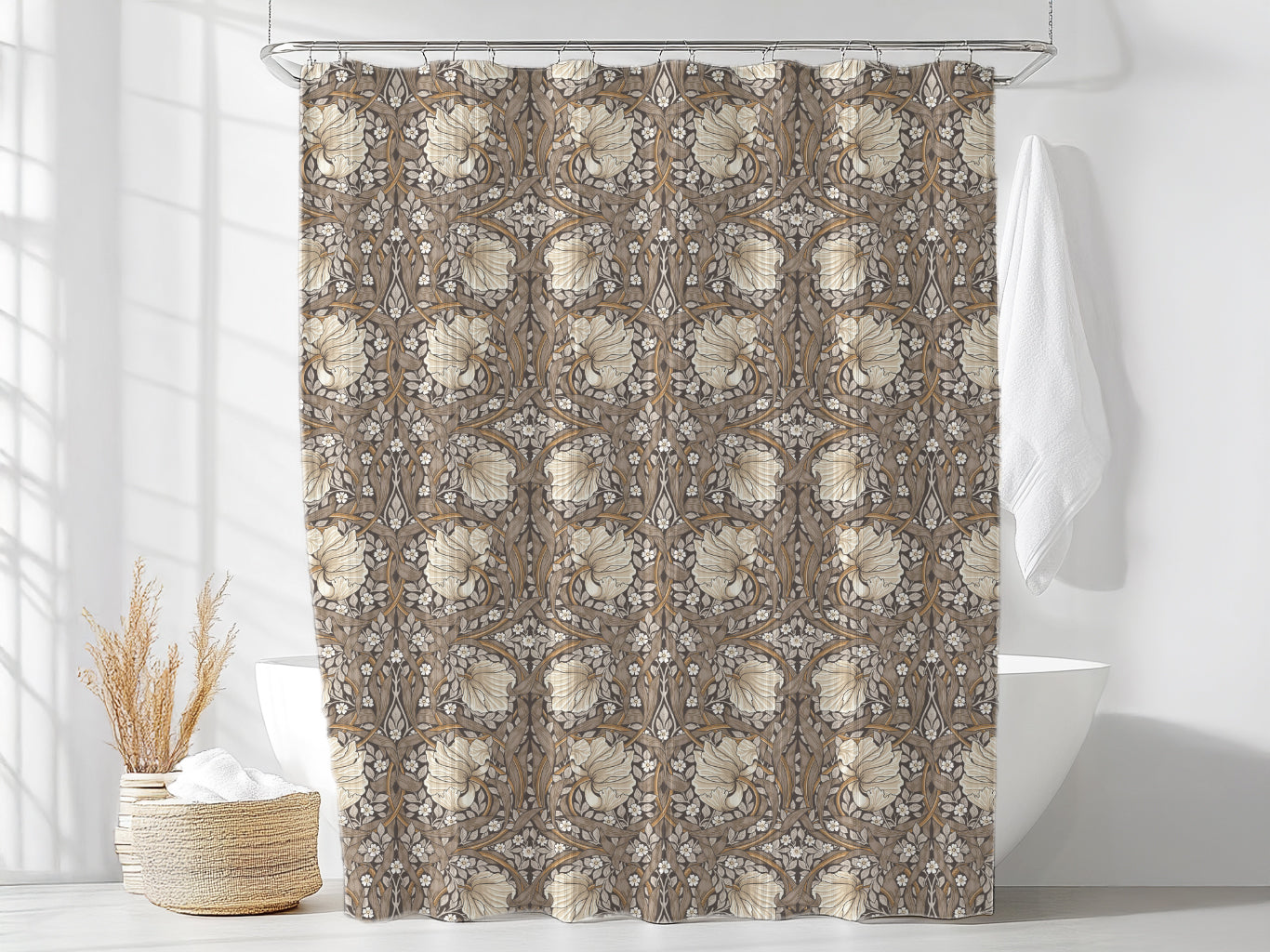 William Morris shower curtain featuring the iconic Pimpernel design