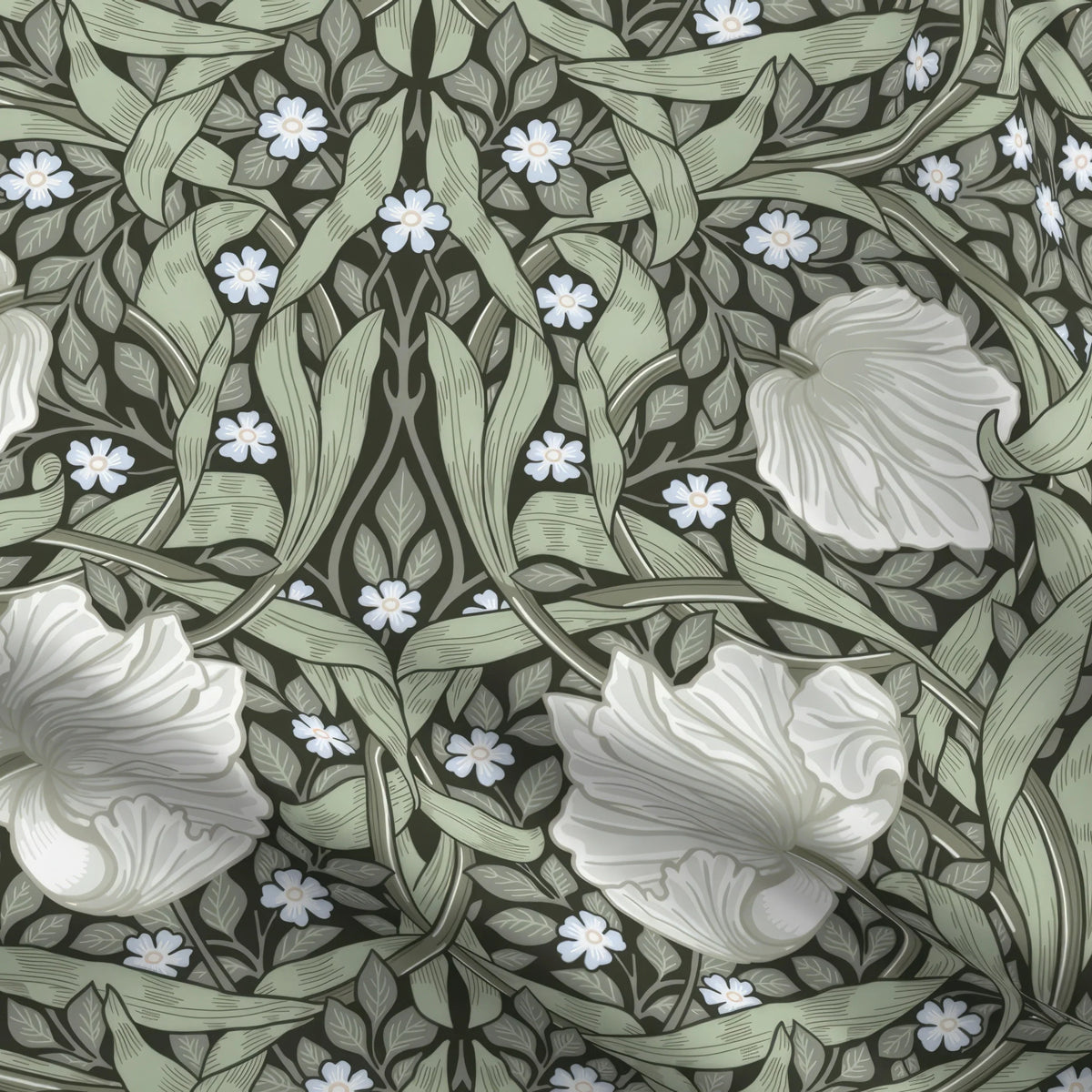 William Morris Pimpernel upholstery fabric by the yard in Dreamy Sage, close view of the cloth