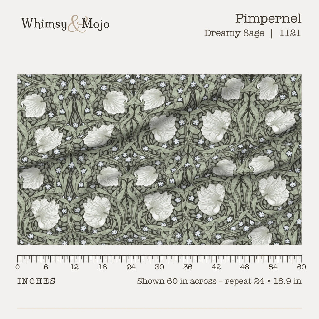 Pimpernel in Dreamy Sage shown 60 inches across with a ruler, pattern repeat 24 by 18.9 inches