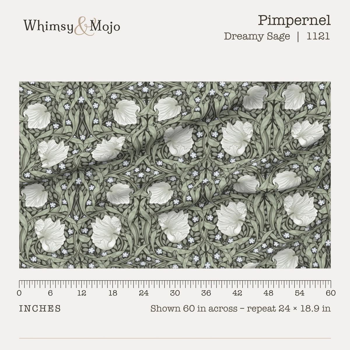 Pimpernel in Dreamy Sage shown 60 inches across with a ruler, pattern repeat 24 by 18.9 inches