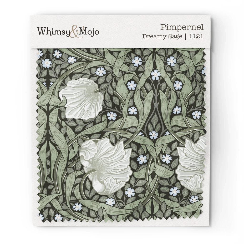 Wallpaper sample of William Morris Pimpernel pattern in Dreamy Sage colorway, showing the Arts and Crafts botanical print up close.