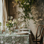 William Morris Pimpernel tablecloth in Dreamy Sage with a place setting