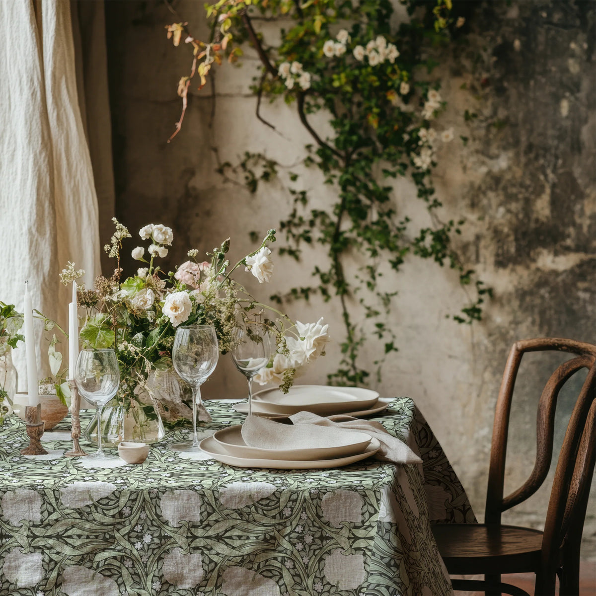 William Morris Pimpernel tablecloth in Dreamy Sage with a place setting