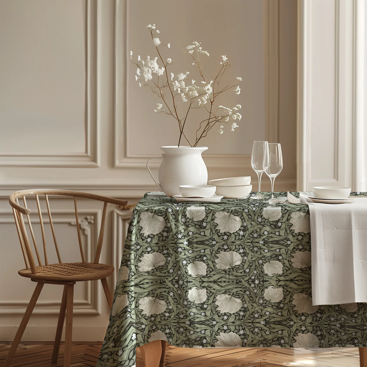 William Morris Pimpernel tablecloth in Dreamy Sage in a styled dining room