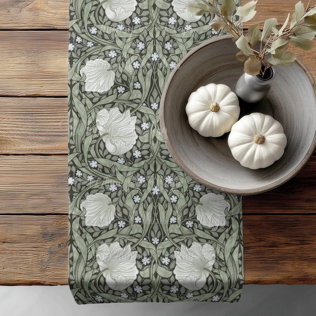 Close view of the William Morris Pimpernel pattern in Dreamy Sage on cotton canvas