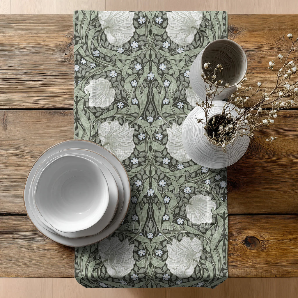 William Morris Pimpernel table runner in Dreamy Sage on a set dining table