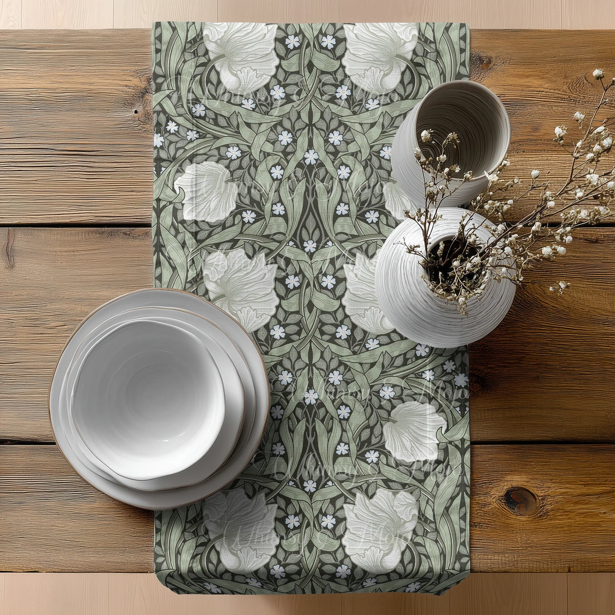 William Morris Pimpernel table runner in Dreamy Sage on a set dining table