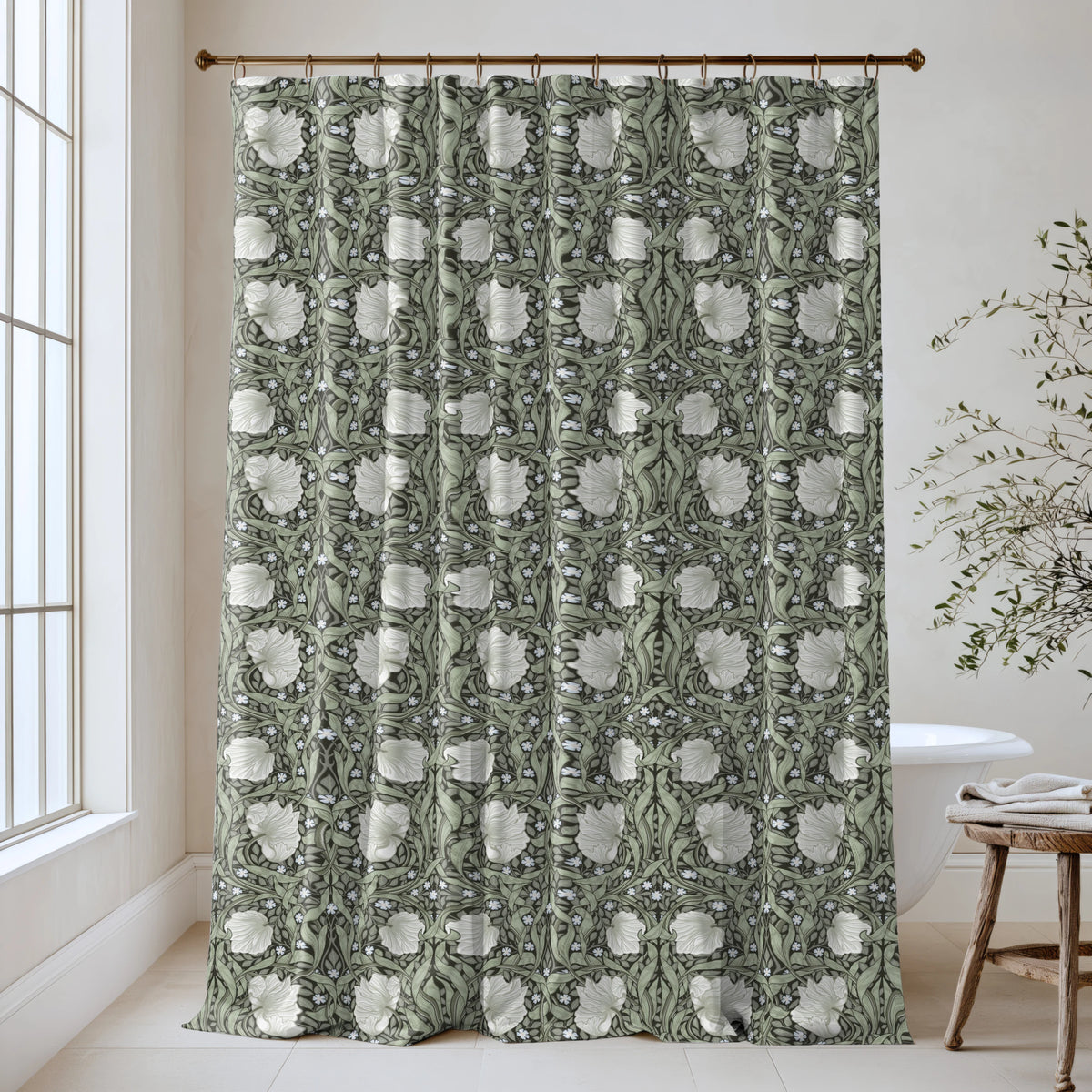 William Morris Pimpernel extra long shower curtain in Dreamy Sage 1121: ivory tulips and soft sage leaves on a dark charcoal-green ground. Floor-length cotton sateen hung from a high-mounted rod in a bright bathroom, handmade to order in 84, 96 and 108 inch lengths.