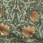 William Morris Pimpernel home decor fabric by the yard in Sage and Amber, close view of the cloth