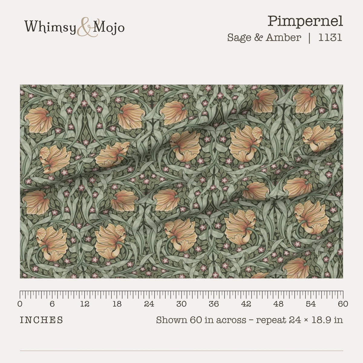 Pimpernel in Sage and Amber shown 60 inches across with a ruler, pattern repeat 24 by 18.9 inches