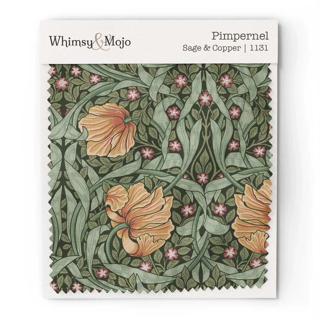 Fabric swatch of William Morris Pimpernel pattern in Sage & Copper colorway, showing color and texture up close.