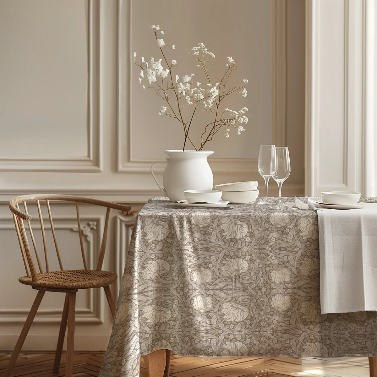 William Morris Pimpernel tablecloth in Soft Beige in a styled dining room