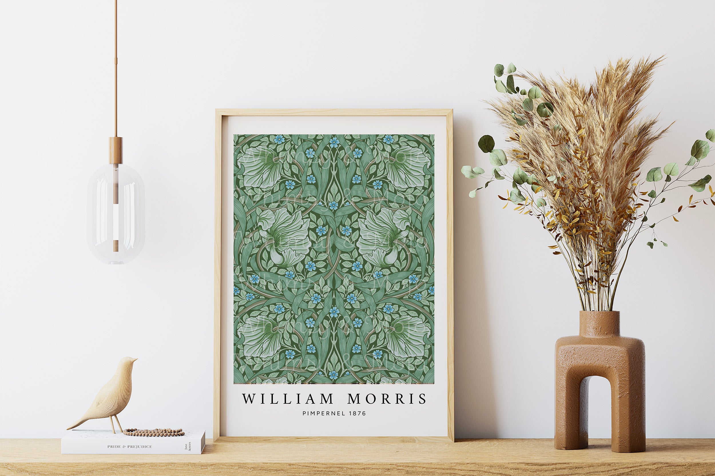 William Morris poster framed example, Pimpernel in antique green color