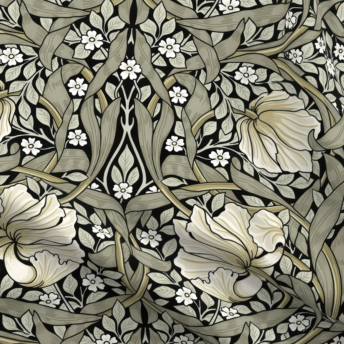 William Morris Pimpernel home decor fabric by the yard in Sage and Cream on Ebony, close view of the cloth