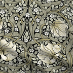 William Morris Pimpernel upholstery fabric by the yard in Sage and Cream on Ebony, close view of the cloth