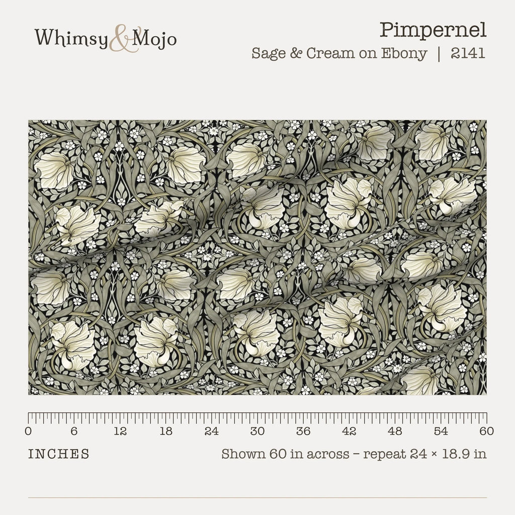 Pimpernel in Sage and Cream on Ebony shown 60 inches across with a ruler, pattern repeat 24 by 18.9 inches