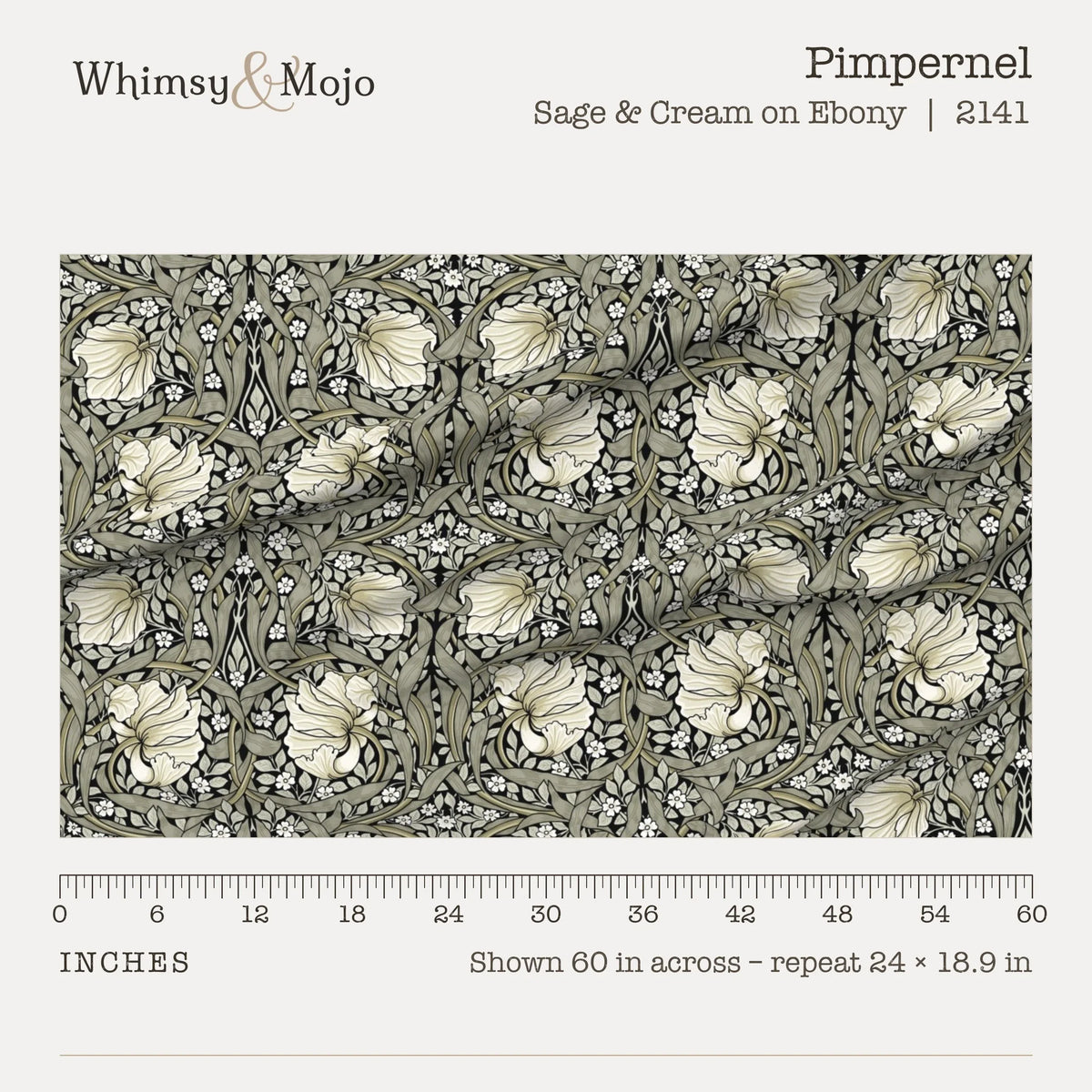 Pimpernel in Sage and Cream on Ebony shown 60 inches across with a ruler, pattern repeat 24 by 18.9 inches