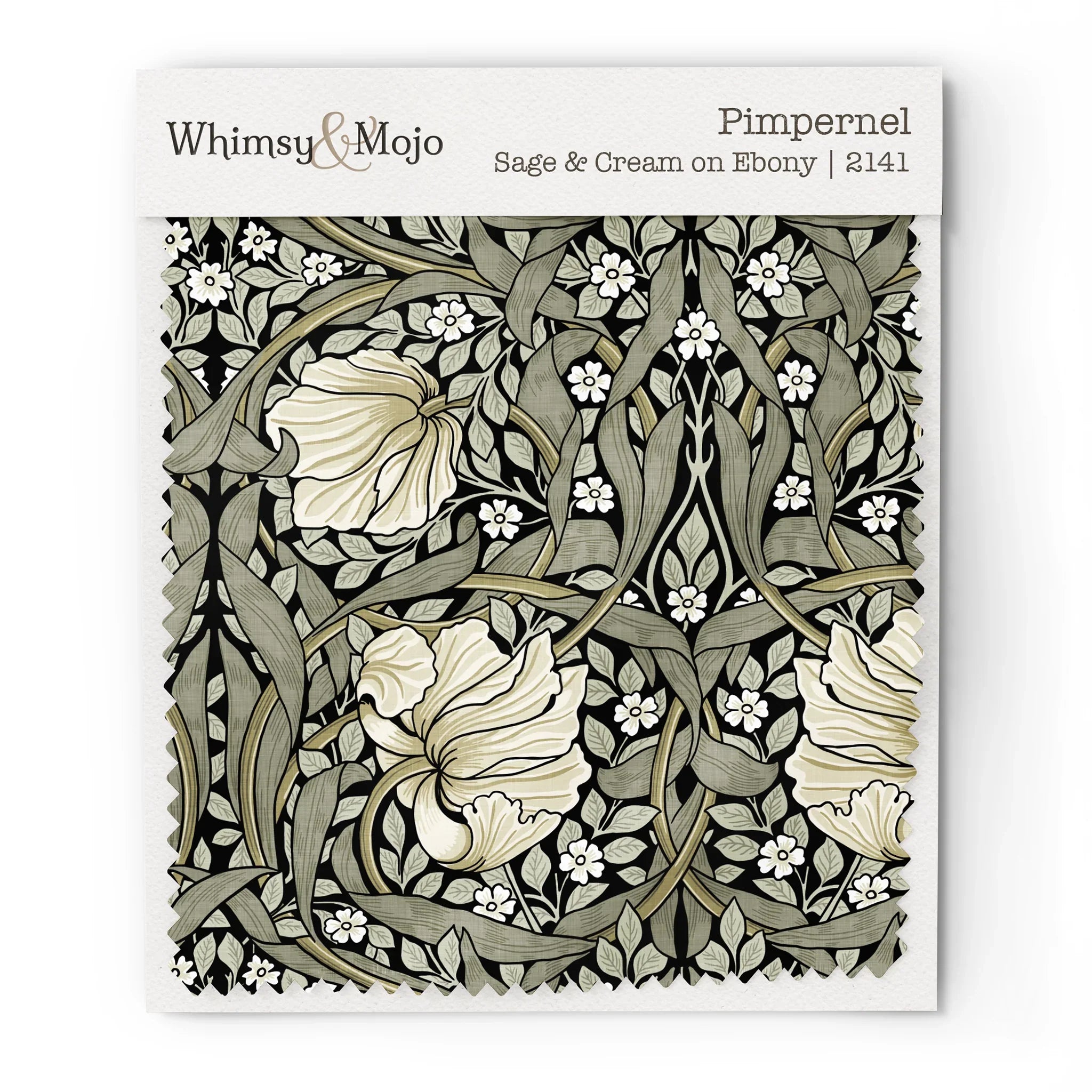 Wallpaper sample of William Morris Pimpernel pattern in Sage & Cream on Ebony colorway, showing the Arts and Crafts botanical print up close.