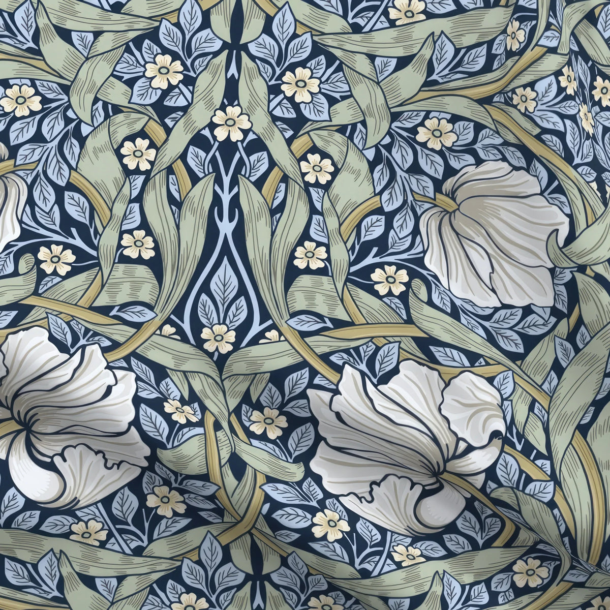 William Morris Pimpernel home decor fabric by the yard in Blue and Sage, close view of the cloth