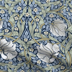 William Morris Pimpernel upholstery fabric by the yard in Blue and Sage, close view of the cloth