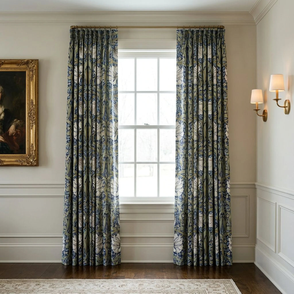 William Morris Pimpernel curtains in Blue and Sage at a window in a panelled room with brass sconces