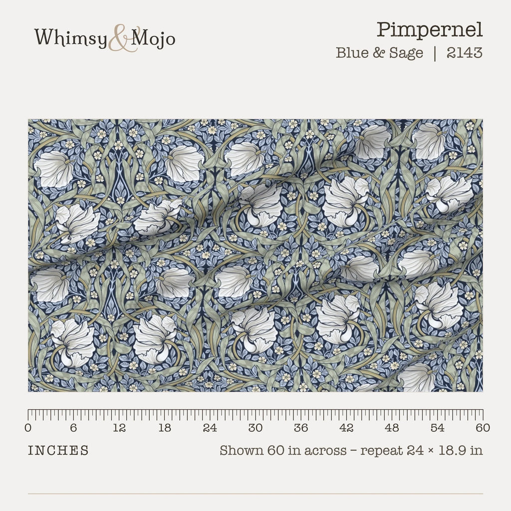 Pimpernel in Blue and Sage shown 60 inches across with a ruler, pattern repeat 24 by 18.9 inches