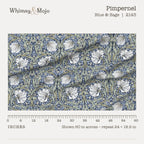 Pimpernel in Blue and Sage shown 60 inches across with a ruler, pattern repeat 24 by 18.9 inches