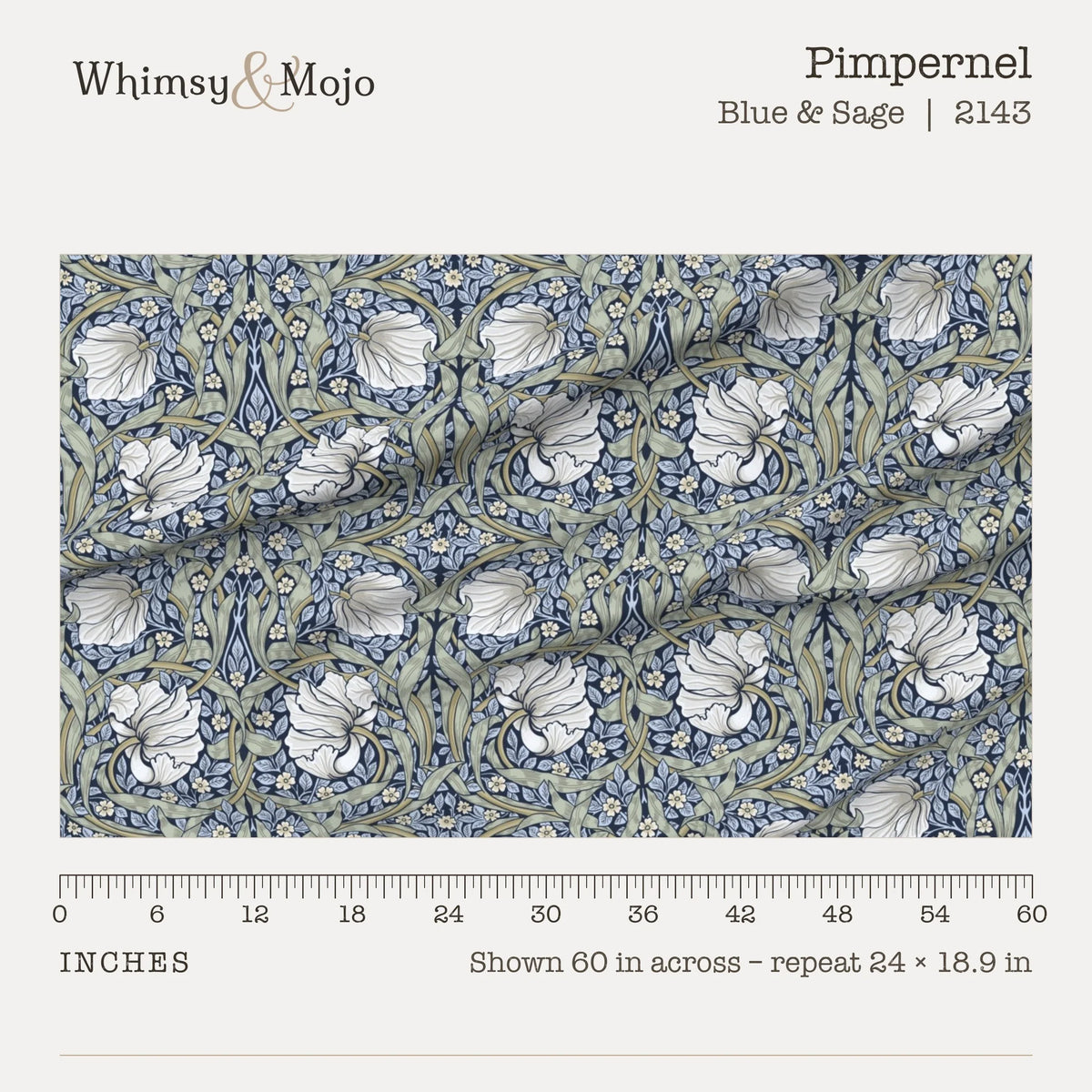 Pimpernel in Blue and Sage shown 60 inches across with a ruler, pattern repeat 24 by 18.9 inches