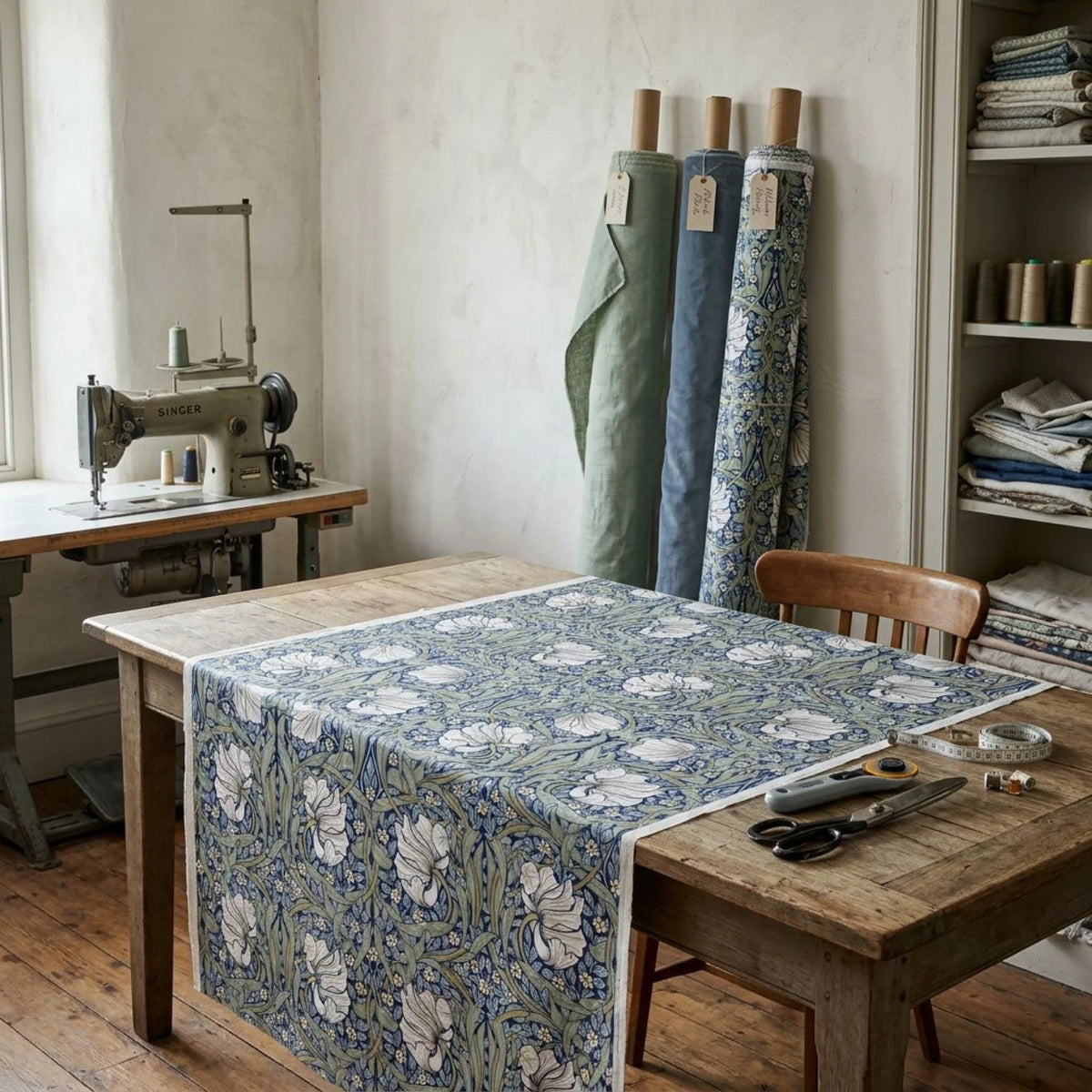 William Morris Pimpernel fabric in Blue and Sage on a cutting table with shears and fabric bolts