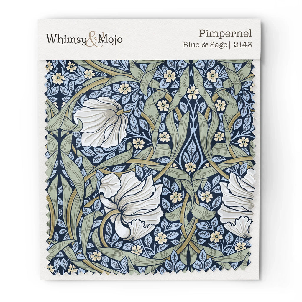 Fabric swatch of William Morris Pimpernel pattern in Sage & Blue colorway, showing color and texture up close.