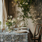 William Morris Pimpernel tablecloth in Blue and Sage with a place setting