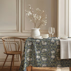 William Morris Pimpernel tablecloth in Blue and Sage in a styled dining room