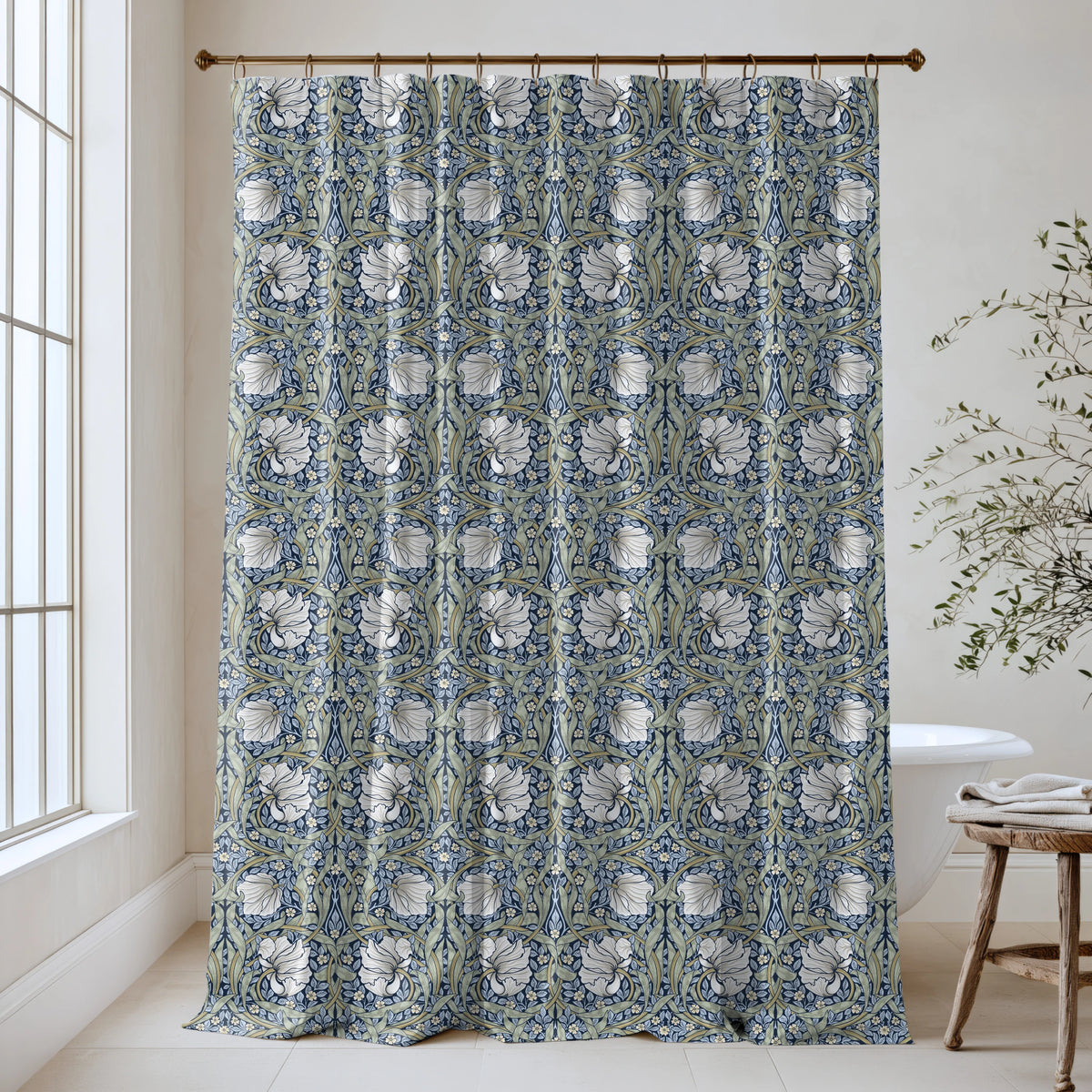 William Morris Pimpernel extra long shower curtain in Blue & Sage 2143: cream tulips and sage-green leaves on a deep navy ground. Floor-length cotton sateen hung from a high-mounted rod in a bright bathroom, handmade to order in 84, 96 and 108 inch lengths.