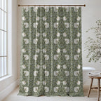 William Morris Pimpernel extra long shower curtain in Morning Sage 2984: ivory tulips and fresh green leaves on a soft morning-sage ground. Floor-length cotton sateen hung from a high-mounted rod in a bright bathroom, handmade to order in 84, 96 and 108 inch lengths.