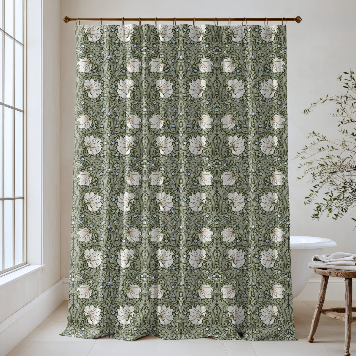 William Morris Pimpernel extra long shower curtain in Morning Sage 2984: ivory tulips and fresh green leaves on a soft morning-sage ground. Floor-length cotton sateen hung from a high-mounted rod in a bright bathroom, handmade to order in 84, 96 and 108 inch lengths.