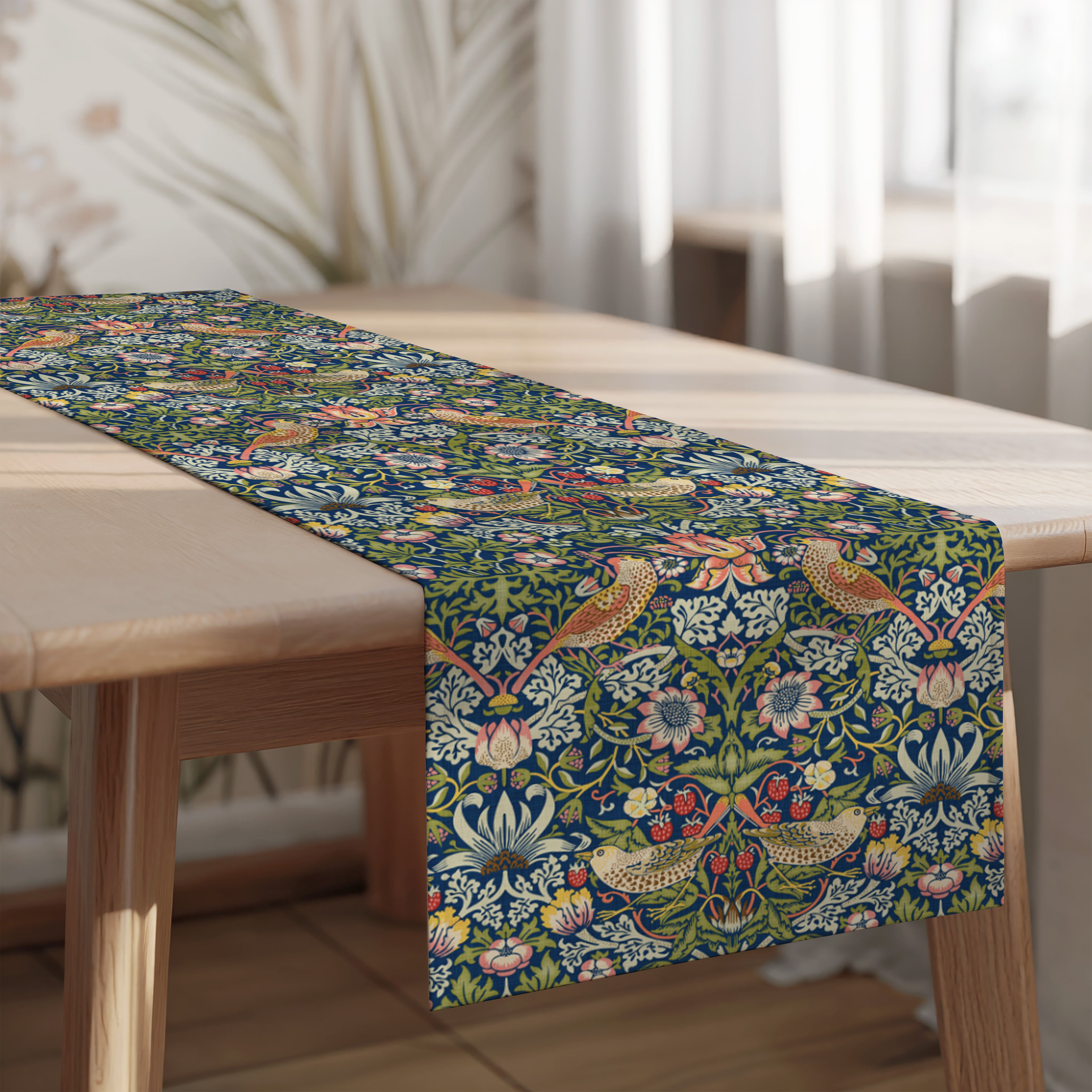 William Morris Strawberry Thief table runner with classic Arts and Crafts birds and strawberry vines, styled for cottagecore tablescapes and traditional English country dining.
