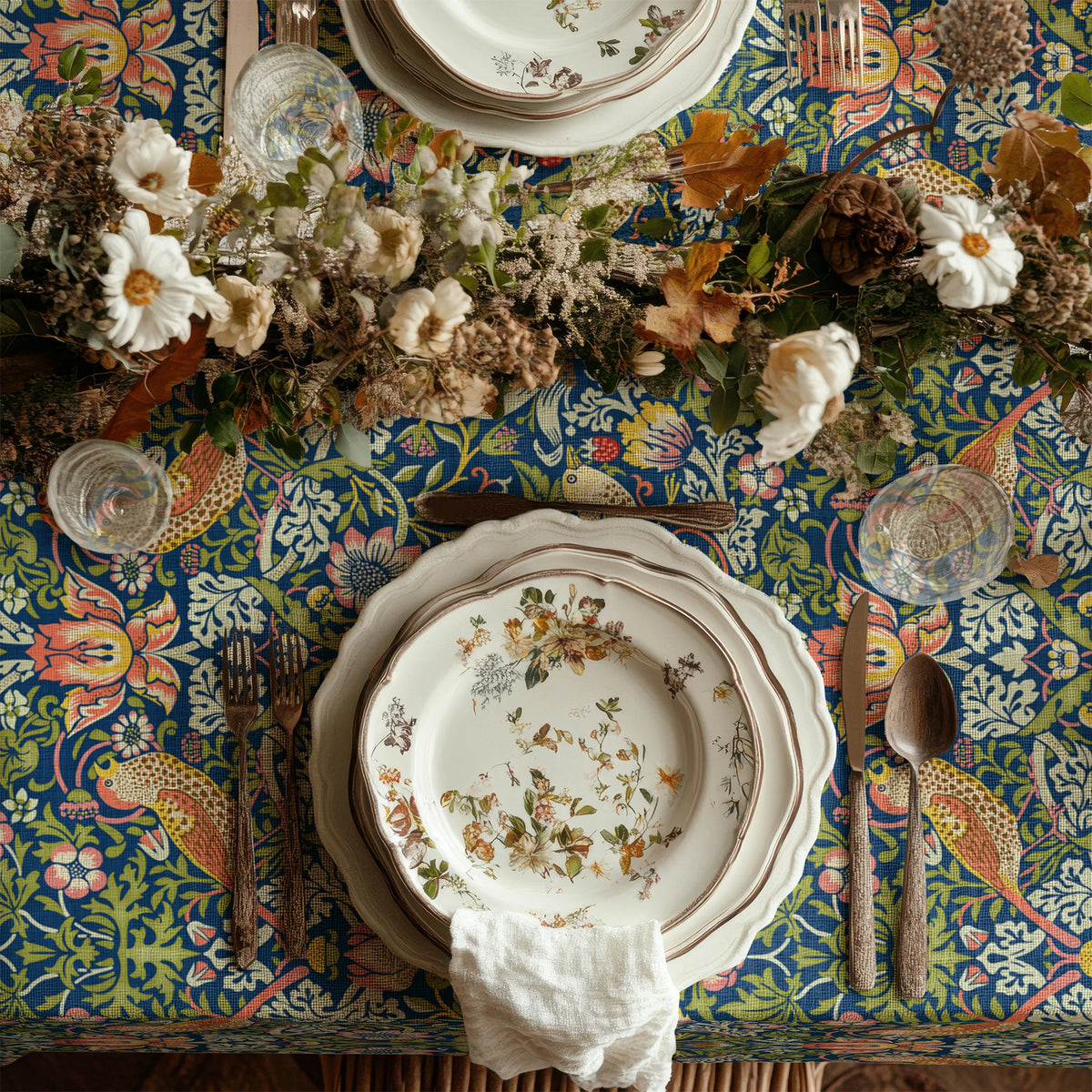 Overhead place setting of floral china and dried blooms on a Strawberry Thief tablecloth in Country Blue