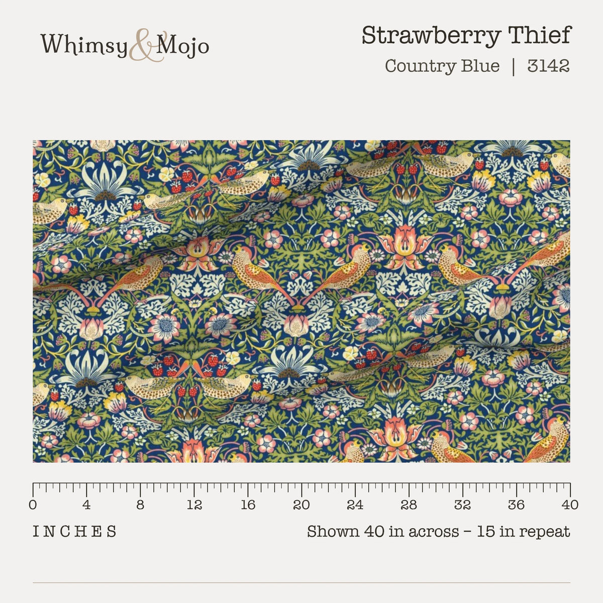 Scale card for Strawberry Thief in Country Blue (3142): 40 inches of cloth against a ruler, showing the 15 inch pattern repeat