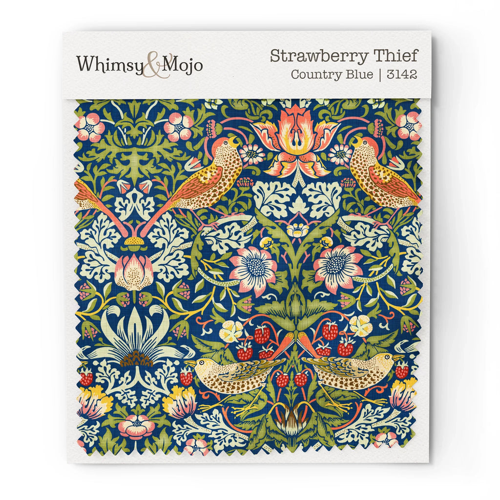 Fabric swatch of William Morris Strawberry Thief pattern in Country Blue colorway, showing the bird and berry motif up close for color and texture reference.