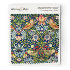 Fabric swatch of William Morris Strawberry Thief pattern in Country Blue colorway, showing the bird and berry motif up close for color and texture reference.