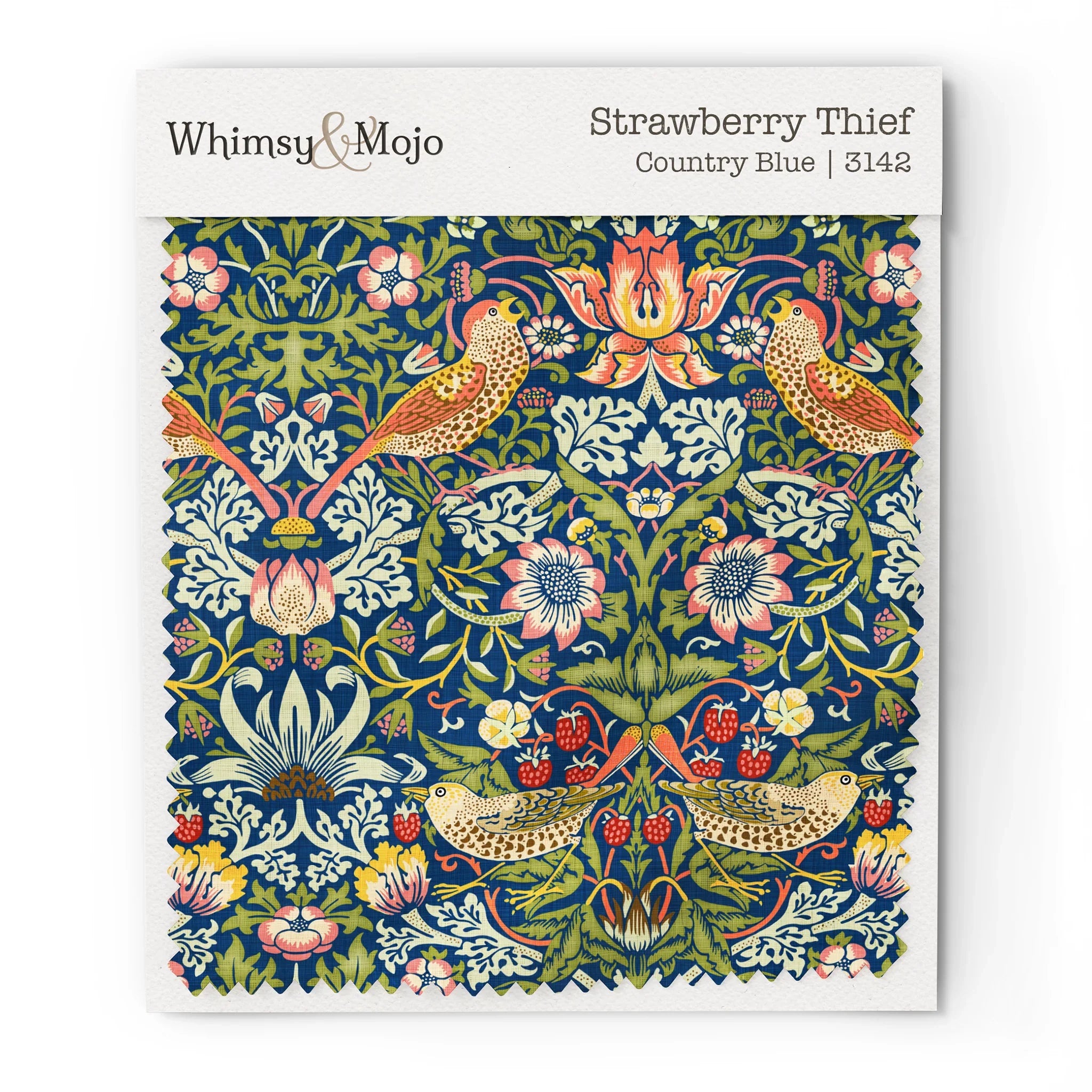 Fabric swatch of William Morris Strawberry Thief pattern in Country Blue colorway, showing the bird and berry motif up close for color and texture reference.