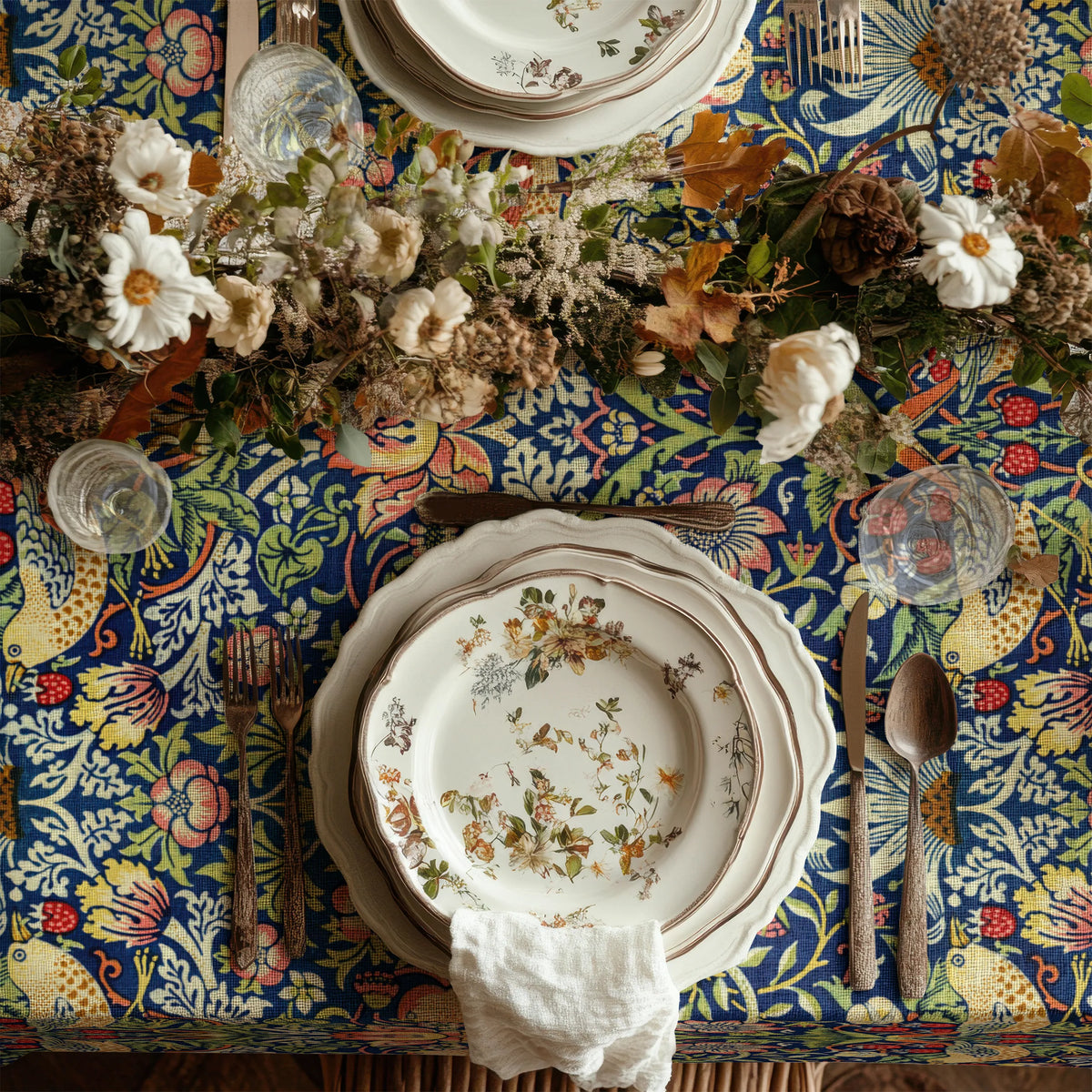 William Morris Strawberry Thief tablecloth in Country Blue draped over a table edge