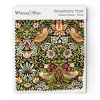 Fabric swatch of William Morris Strawberry Thief pattern in Classic Black colorway, showing the bird and berry motif up close for color and texture reference.