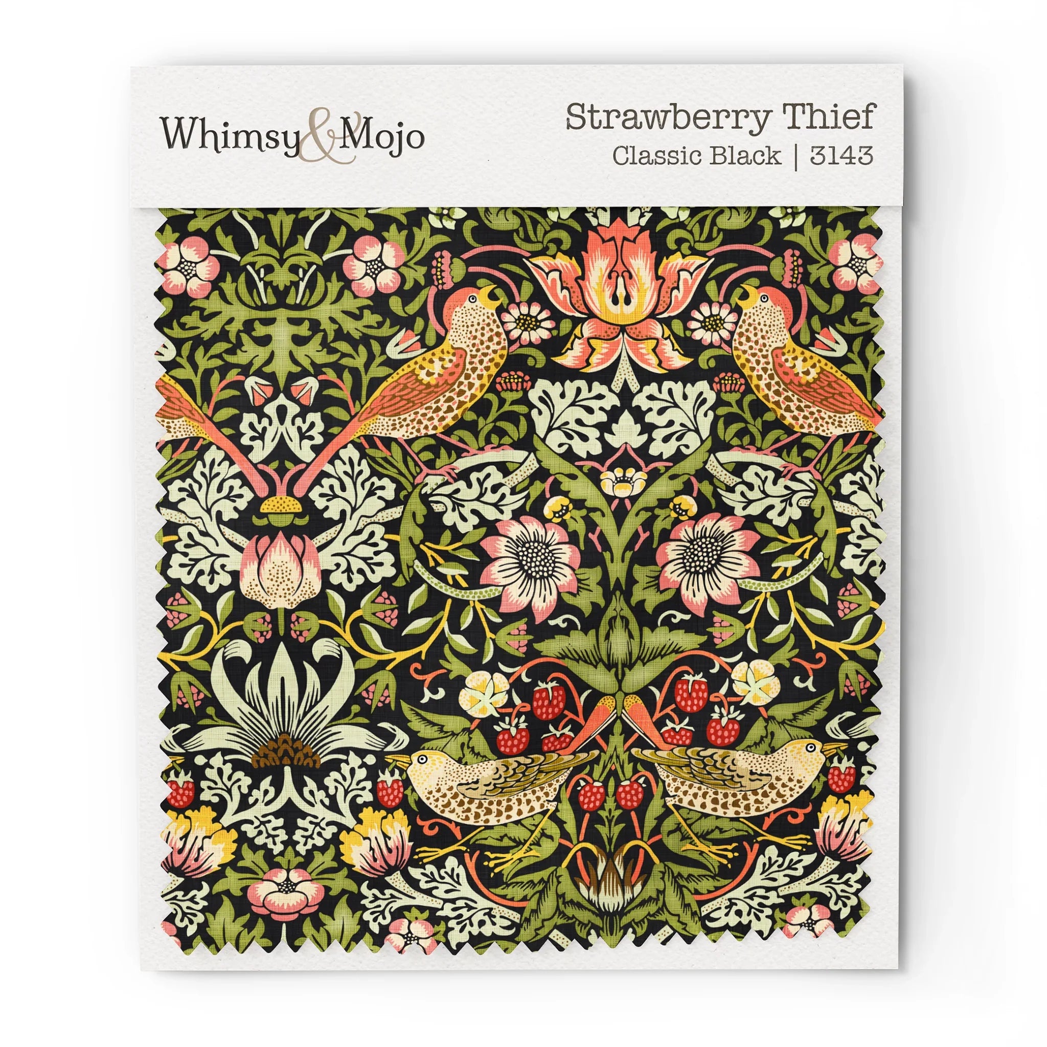 Fabric swatch of William Morris Strawberry Thief pattern in Classic Black colorway, showing the bird and berry motif up close for color and texture reference.