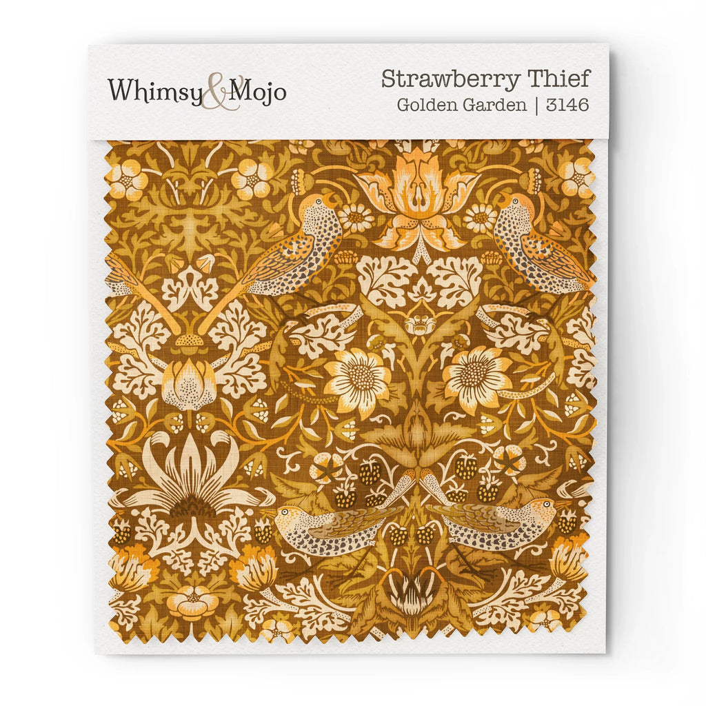 Fabric swatch of William Morris Strawberry Thief pattern in Golden Garden colorway, showing the bird and berry motif up close for color and texture reference.