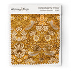Fabric swatch of William Morris Strawberry Thief pattern in Golden Garden colorway, showing the bird and berry motif up close for color and texture reference.