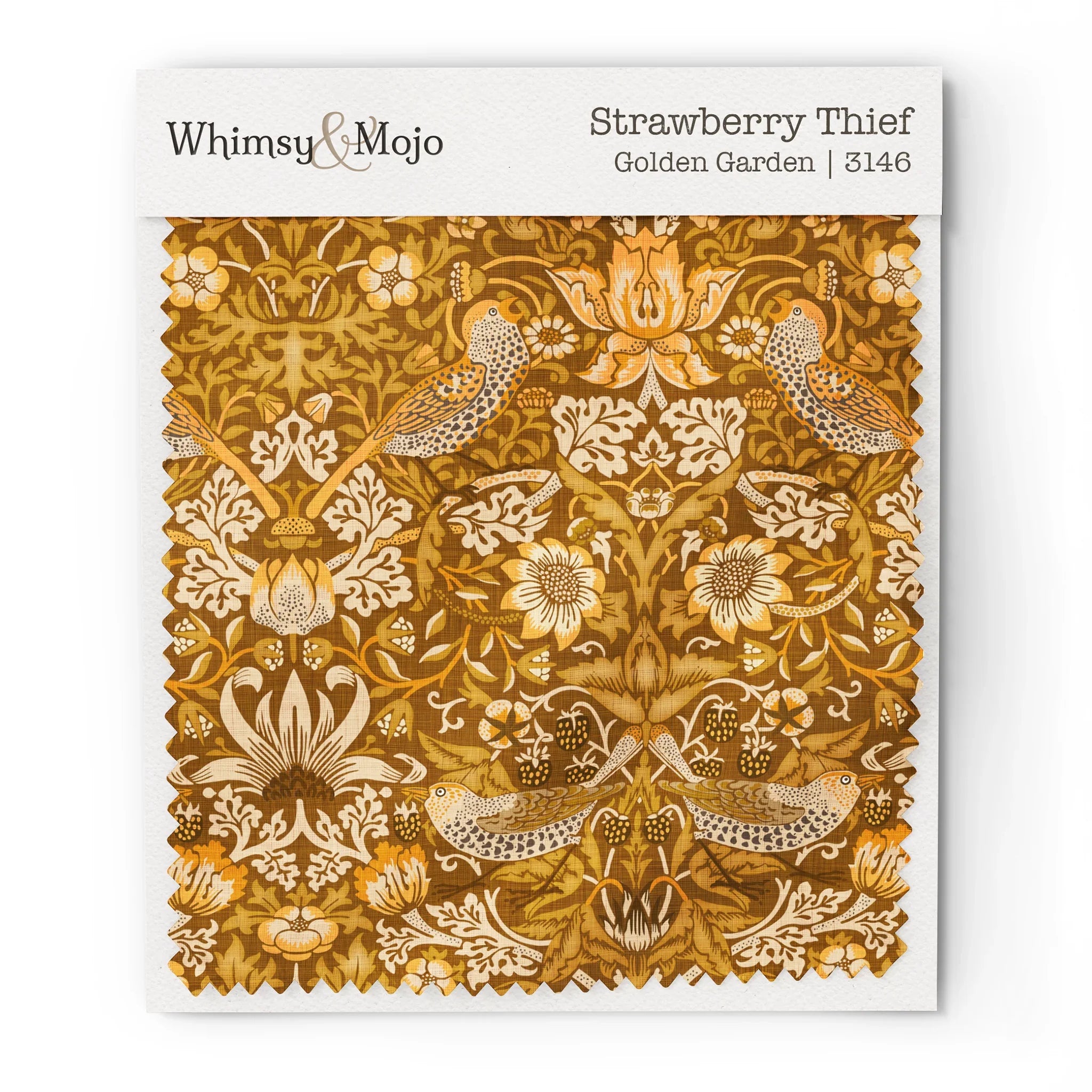 Fabric swatch of William Morris Strawberry Thief pattern in Golden Garden colorway, showing the bird and berry motif up close for color and texture reference.