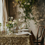 William Morris Strawberry Thief tablecloth in Golden Garden with a place setting