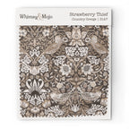 Fabric swatch of William Morris Strawberry Thief pattern in Country Greige colorway, showing the bird and berry motif up close for color and texture reference.