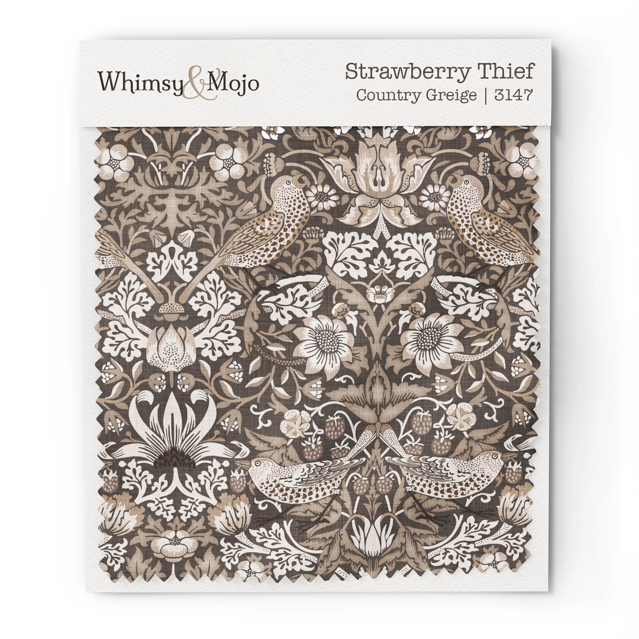 Fabric swatch of William Morris Strawberry Thief pattern in Country Greige colorway, showing the bird and berry motif up close for color and texture reference.